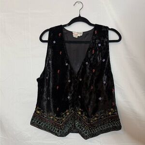 Vintage Made In India Together! Black Velvet Embroidered Women Button Down Vest